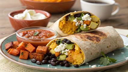 Breakfast burrito filled with sweet potatoes and veggies served with salsa and black beans at a cozy morning table