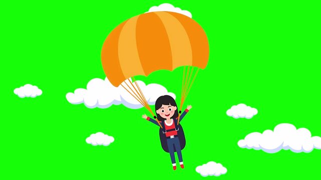 Girl on a parachute, imitation of flight against the background of white clouds, cartoon style, isolated on green screen, chroma key, footage, mockup, loop