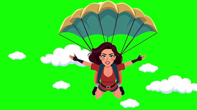 Young woman on a paraglider, imitation of flight against the background of white clouds, cartoon style, isolated on green screen, chroma key, footage, mockup, loop