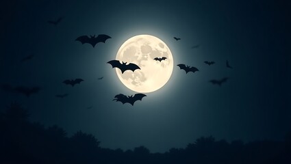Serene Full Moon Night with Bats and Mystical Blue Sky  Halloween Background