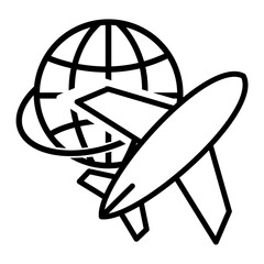 Global Travel Airplane Circulating World Globe Icon. Symbol of International Flights Aviation and World Tour Journeys. Seamless Global Connection Line Art Vector Illustration.
