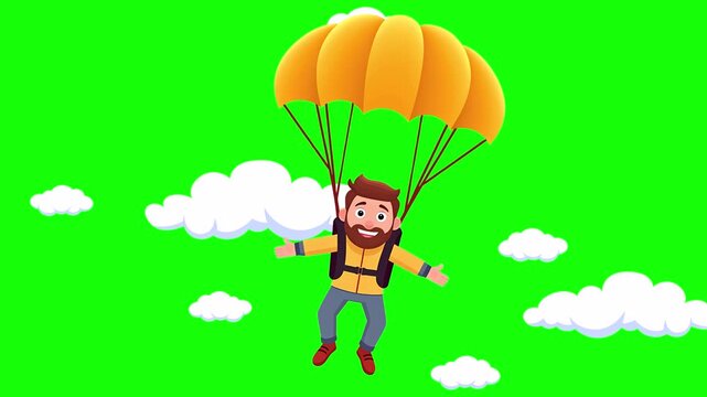 A man with a beard on a yellow parachute, imitation of flight against the background of  white clouds, cartoon style, isolated on green screen, chroma key, footage, mockup, loop