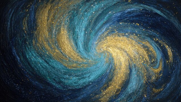 Abstract swirling galaxy, teal & gold