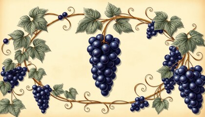 Elegant vintage grapes illustration with tendrils on a gentle cream backdrop