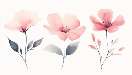 Set of three elegant pink pastel watercolor flowers on light background scene