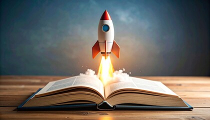 A rocket launching from an open book, symbolizing knowledge and innovation.