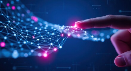 Naklejka premium A fingertip interacts with a network of glowing points and lines