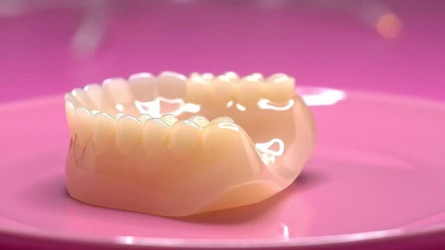 Denture on Pink Dental Prosthesis Close-up