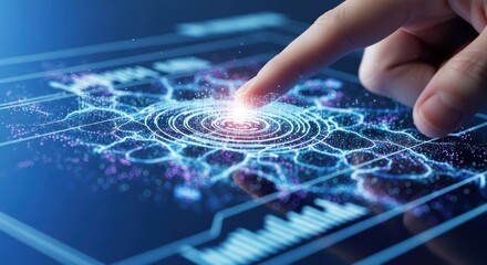 A hand interacts with a glowing, data-rich digital interface.  Circular data patterns are highlighted by touch