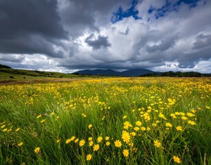 Fototapeta premium A vast meadow bursts with vibrant yellow wildflowers, bathed in sunlight, under a dramatic sky of gray clouds and a hint of blue. Rolling hills and distant mountains complete the landscape