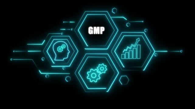 Abstract neon Hud knowledge ability business gear icon Glowing neon line concept. Glowing "GMP" button in German on a futuristic, abstract wave technology on black background.