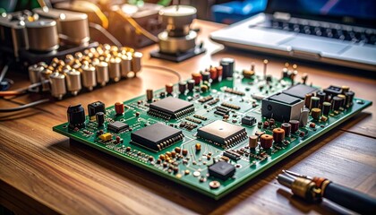 A green circuit board with black chips sits on a wooden desk surrounded by electronic components and a laptop.