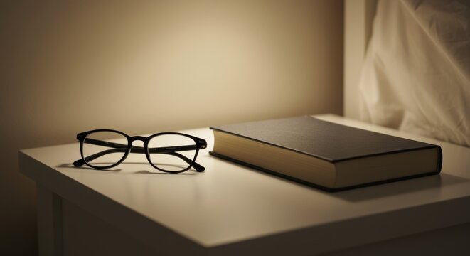 Stylish bedside table with reading glasses, a book, and a warm lamp casting soft shadows in an ambient bedroom setting