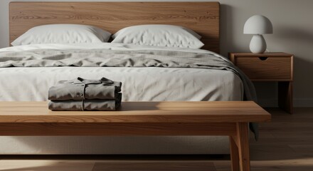 Cozy contemporary bedroom with neatly folded gray pajamas on a wooden bench before a bed, styled with minimalistic nightstand and lamp in natural soft lighting