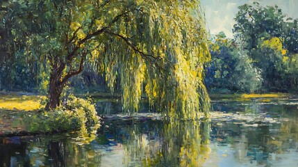 Fototapeta premium Weeping willow tree leaning over a small pond, reflections rippling in the water 