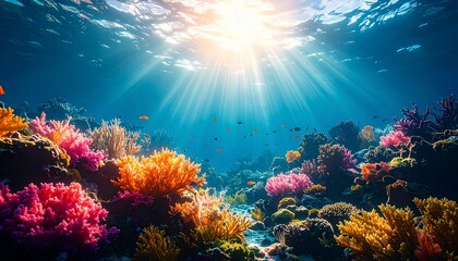 Vibrant Underwater Coral Reef Paradise: Sunbeams Illuminate a Colorful Ecosystem