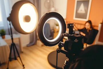"Entrepreneur vlogs in sleek studio, ring light glowing—crafting personal brand with every frame."