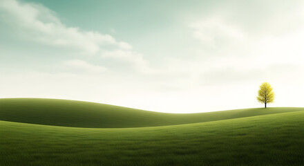 A Single Tree Standing Alone on Rolling Green Hills with a Clear and Bright Sky in the Background