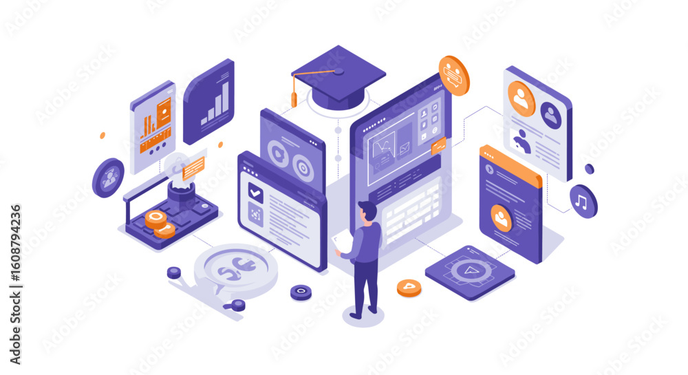 Aufkleber digital learning: isometric 3d design with online education and interactive technology elements