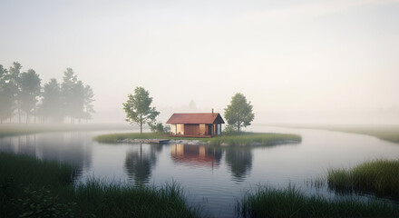 Fototapeta premium Peaceful Lake with a Small Cabin Surrounded by Trees and Lush Greenery in a Calm and Serene Setting