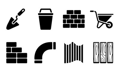 Black and White Construction Icon Set. Trowel, Bucket, Bricks, Wheelbarrow, Pipe, Corrugated Sheet, and Wooden Planks Silhouettes for Building, Masonry, and Construction Design