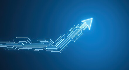 Obraz premium Digital growth accelerating forward with futuristic circuit board technology and upward trending arrow indicating progress and innovation