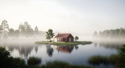 Fototapeta premium Peaceful Lake with a Small Cabin and Lush Greenery in the Early Morning Mist for a Serene and Calm Setting