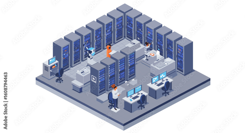 Poster isometric data center with server racks and it professionals in modern office space