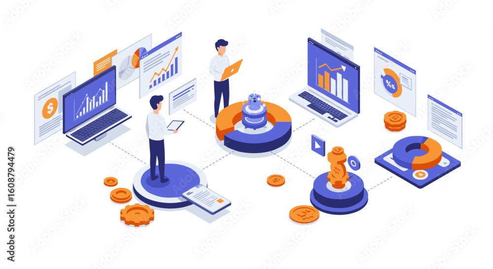 Aufkleber isometric business data analysis with charts and laptops