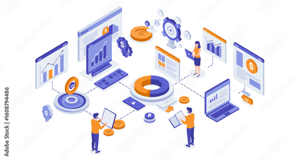 Poster isometric business data analysis and team collaboration concept