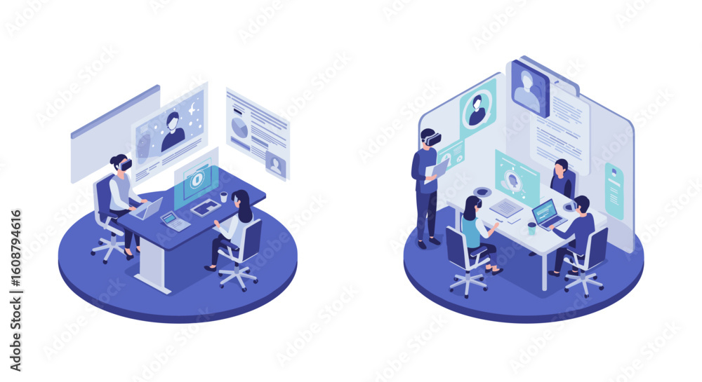 Poster futuristic office collaboration with virtual reality and digital interfaces in isometric style