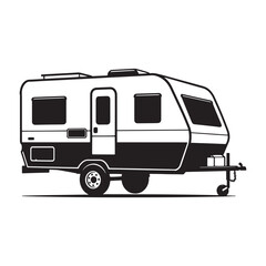 Classic black and white illustrated travel trailer icon representing camping and adventure