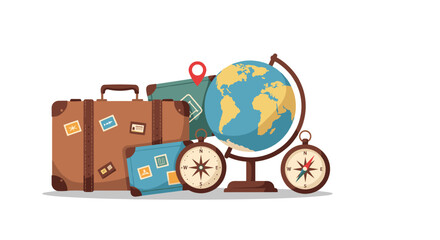 Travel essentials and adventure icons with globe and suitcases