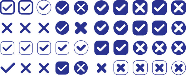 Blue checkmark and cross icons in various shapes and styles white