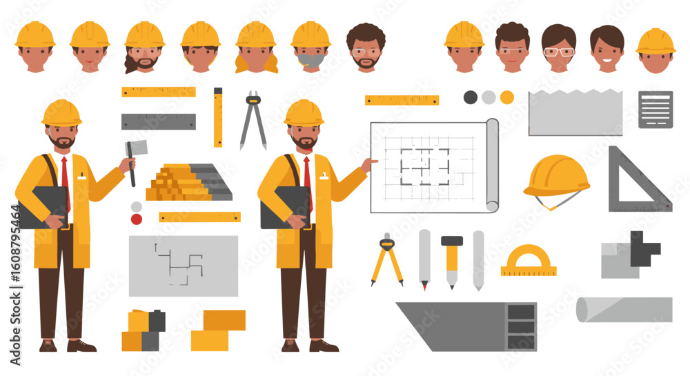 Poster construction worker character set with tools and blueprint elements