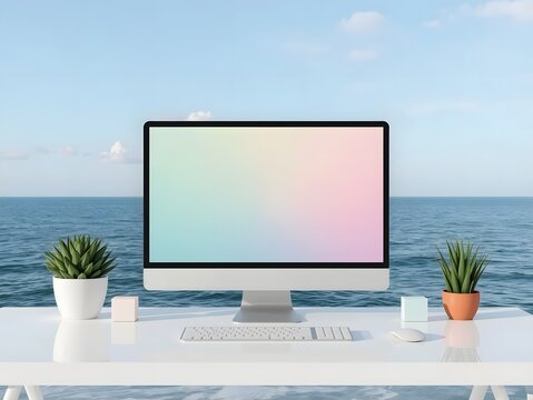 Modern workspace setup with sleek computer monitor on white desk, decorated with potted plants, facing a serene ocean view under a clear sky, ideal for technology and lifestyle concepts.

