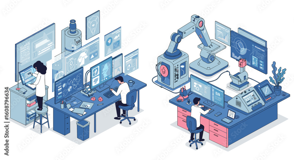 Poster futuristic workspace with scientists using advanced technology and ai robots