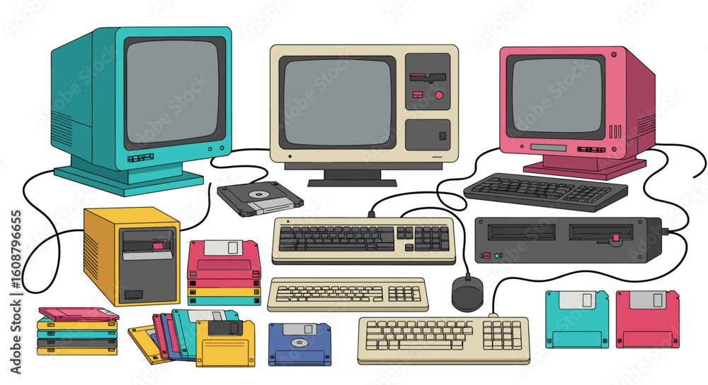Poster vintage computer retro technology collection with floppy disks and accessories