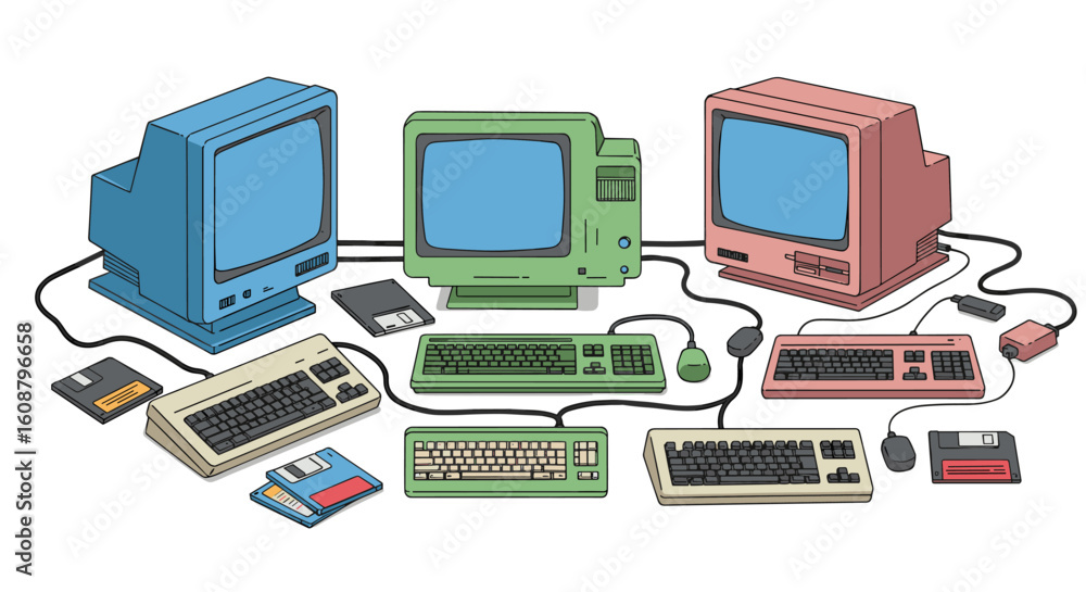 Poster retro computer collection in vibrant colors with monitors and keyboards