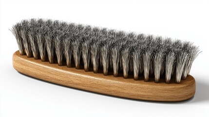 Close-Up of Wooden Shoe Brush with Natural Bristles on White Background