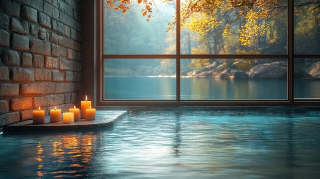 Serene autumn spa scene with candles near a tranquil pool
