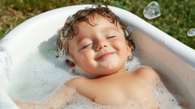 Joyful baby bath time outdoor setting lifestyle image nature vibes