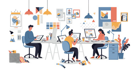 Creative design team working on projects in modern office