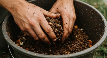 Close-up of muddy hands mixing compost in a black bucket, outdoors on green grass, highlighting gardening, sustainability, and organic composting