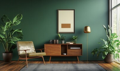 modern interior with vintage furniture accents, mid-century chair, brass lamp, modern wall color 