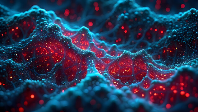 Biologically Inspired Abstract Landscape with Glowing Red Elements and Cyan Accents creating a futuristic and vibrant scene