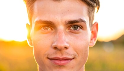 Close-up portrait of a young man's face, backlit by the sun, showcasing different colored eyes