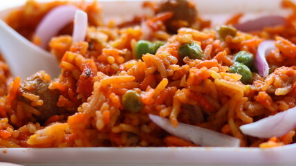 Close up image of delicious indian veg biryani, peas and soyabean biryani, selective focus 