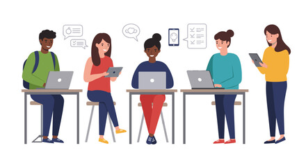 Diverse group of students engaging in digital learning with laptops and tablets