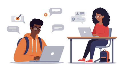 Students engaged in online learning with laptops in modern workspace